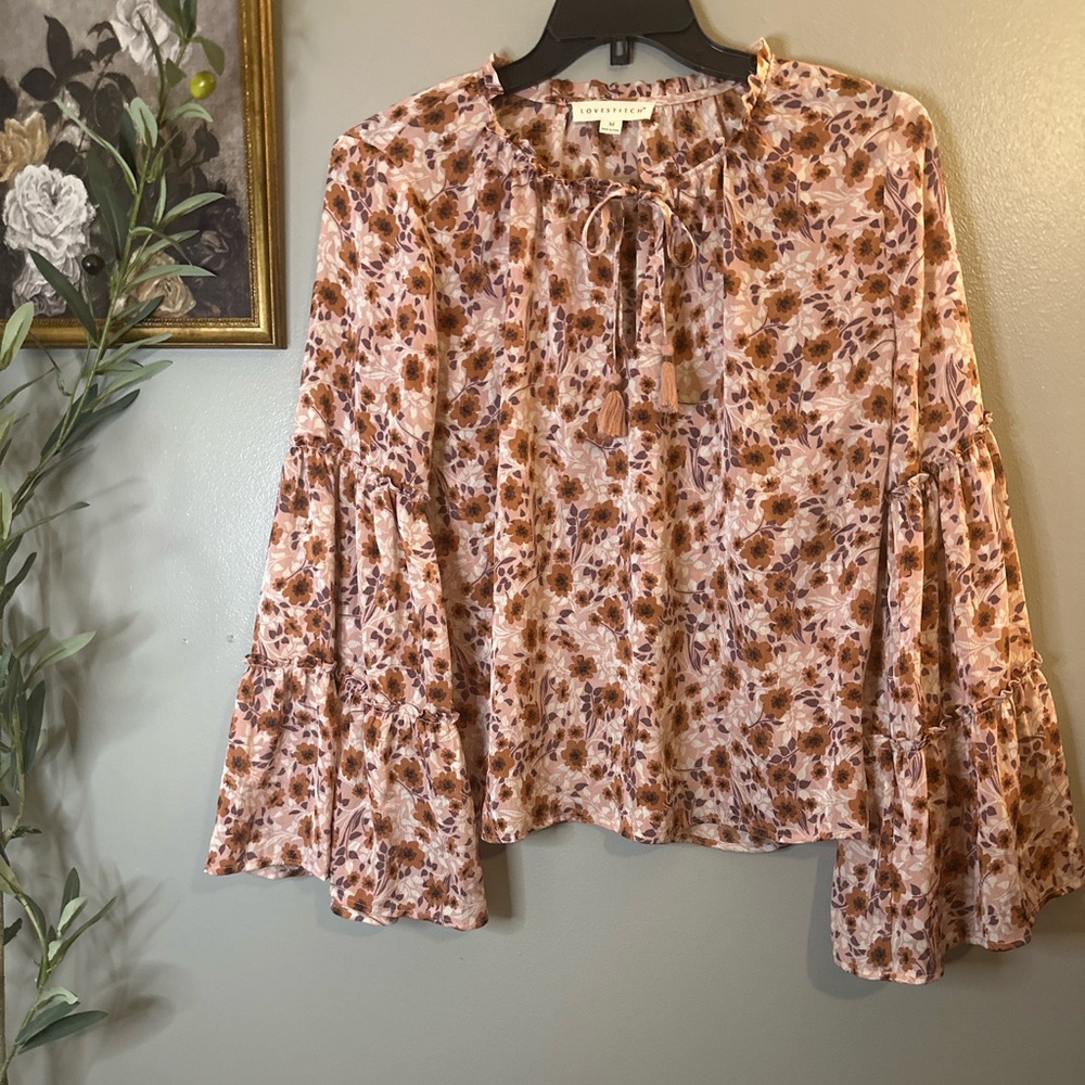 Lovestitch Boho Floral Peasant Top M Pink Brown Ruffle Bell Sleeve Cottagecore - Picture 2 of 7